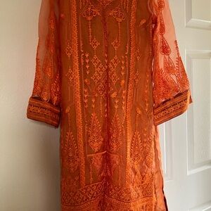Embroidered Sheer Orange Tunic Dress